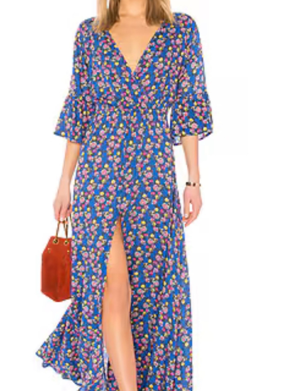 Blue Floral Wrap Maxi Dress with Front Slit